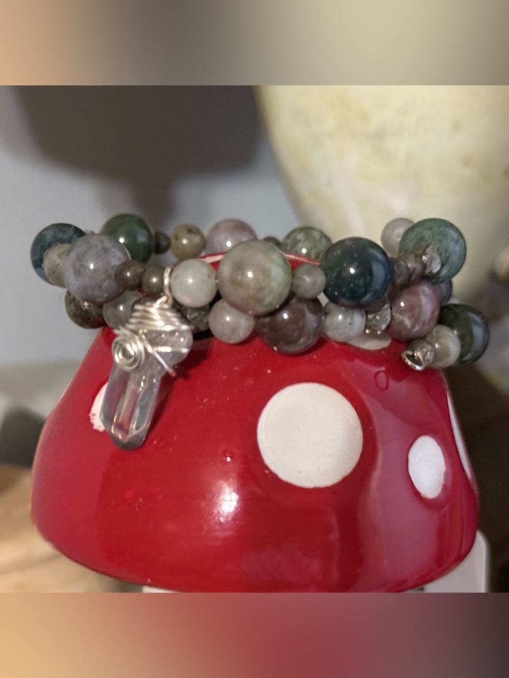 Multi-Color Agate Bead Wrap Bracelet with Clear Quartz Charm